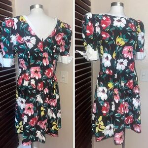 1980s Vintage Black Red Pink Green Pink Floral Party Dress Big Bows & Pockets